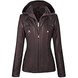 Newbestyle Women Hooded Faux Leather Jacket Hat Detachable Zipper Jacket Women Motorcyle Jacket