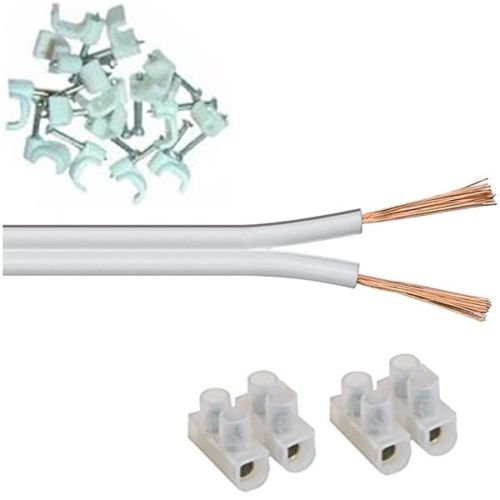 electrosmart Speaker Cable Extension Kit – Includes White 2x 13 Strand - White Clips - Speaker Cable Joining Block (5m Kit)