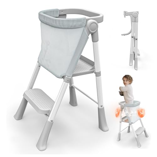 Toddler Step Stool Foldable, Kids Step Stools for Kitchen Counter, Foster Independence Learning Stool with Safety Guards&Net, Toddler Sturdy Standing Tower Kitchen Helper, Grey