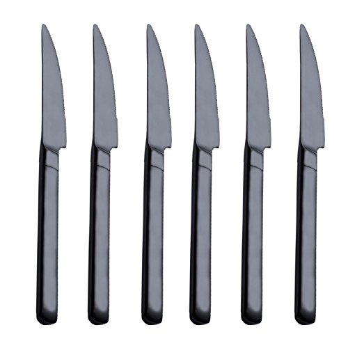 6 Piece Black Steak Knife, Onlycooker 9-inch Heavy Duty Knives Set 18/10 Stainless Steel Service for 6 Dinner Flatware Silverware Dishwasher Safe for Home Kitchen (Mirror Finish)