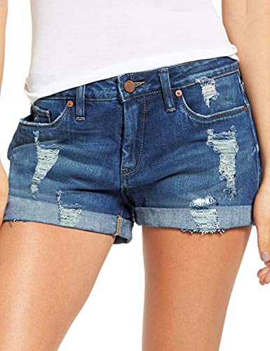 LookbookStore Women's Mid Rise Rolled Hem Distressed Jeans Ripped Denim Shorts Denim Blue Size M