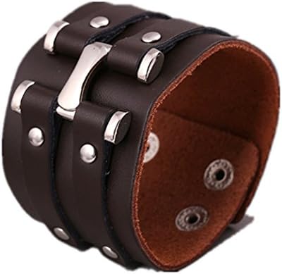 Kamabags Cool Wide Punk Rock Genuine Leather Belt Bracelet Wristband Cuff Bangle, Fits 7" to 8.5" (Brown)