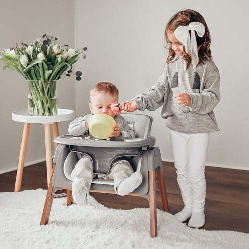 Fodoss Baby High Chair, Foldable Convertible, 5-Point Harness, Easy Clean Wood-Printed Metal Frame with Removable Tray, for Family (Gray & Walnut Wood-Printed Metal)