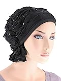 Abbey Cap Women's Chemo Hat Beanie Scarf Turban Headwear for Cancer Ruffle Black Sequin