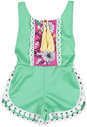 Newborn Baby Girls Ethnic Style Sleeveless Tassels Backless Floral Romper (3-4T, Green)