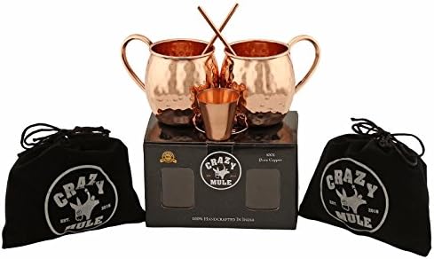 Valentines Day Sale- 100% Pure Solid Unlined Hammered Moscow Mule Copper Mug With Copper Handle Set of 2 Pcs 16oz Mug With Free Velvet Bags, Straws, Copper Shot Glass and a FREE E-Book Inside!