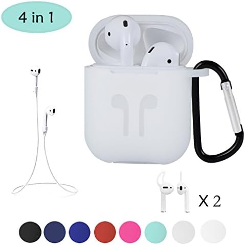 AirPods Case with Strap Protective Silicone Cover with Carabiner for Apple Airpods Accessories (2 Pairs Ear hook for free) (WHITE)