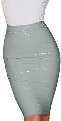 SJWIN Women Sexy Winter Autumn Shinny PU Leather Skinny Elegant Bodycon Zip-up Stretchable Skirts (Small, Grey)