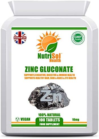 NutriSol Health Zinc Gluconate 87mg 100 Tablets | 100% Pure Natural High Quality Food Supplement Made in The UK to GMP Standards | Suitable for Vegetarians and Vegans