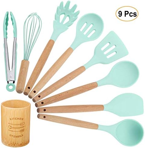 TWICHAN Silicone Kitchen Utensil Set with Bamboo Holder, Spatula Set, Utensil Crocks, Cooking Utensils for Nonstick Cookware, Kitchen Tool Gadget & Set with Wood Handle - Mint Green