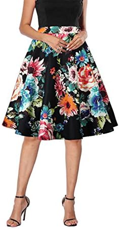 Yanmei Women's 50s Vintage Floral Skirt High Waisted A Line Casual Midi Skirts