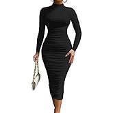 LAGSHIAN Women's Cocktail Bodycon Long Sleeve Mock Neck Mesh Ruched Midi Party Dress