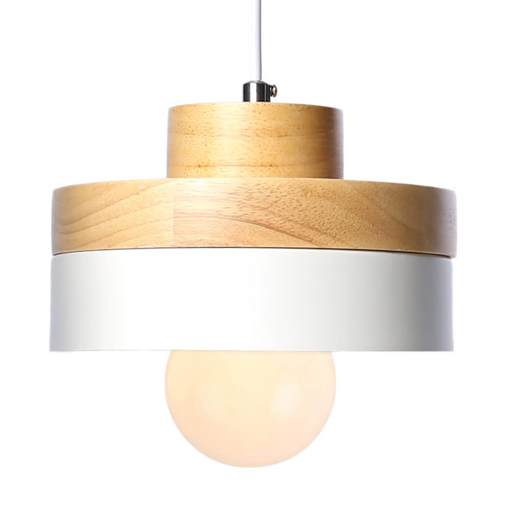Chrasy Vintage Industrial Rustic Metal Pendant Lampshade Hanging Ceiling Pendant Light Lamp Fixture E27 with Wooden Top (Round,White)