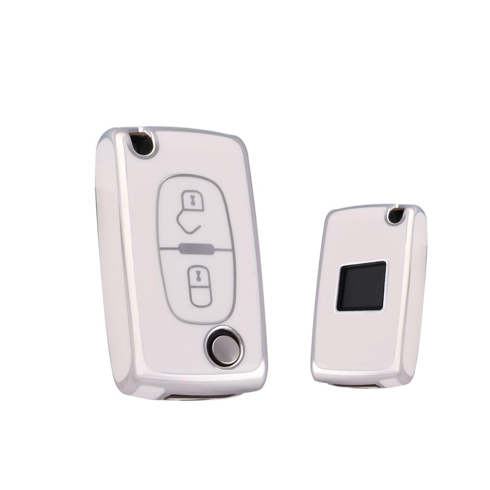 HIBEYO Car Key Case Fits Peugeot 1007 206 207 3008 Partner Key Cover Silicone TPU Protective Case for Citroen Berlingo C1 C2 C3 Nemo Remote Control Case Flip 2 Buttons Silver White