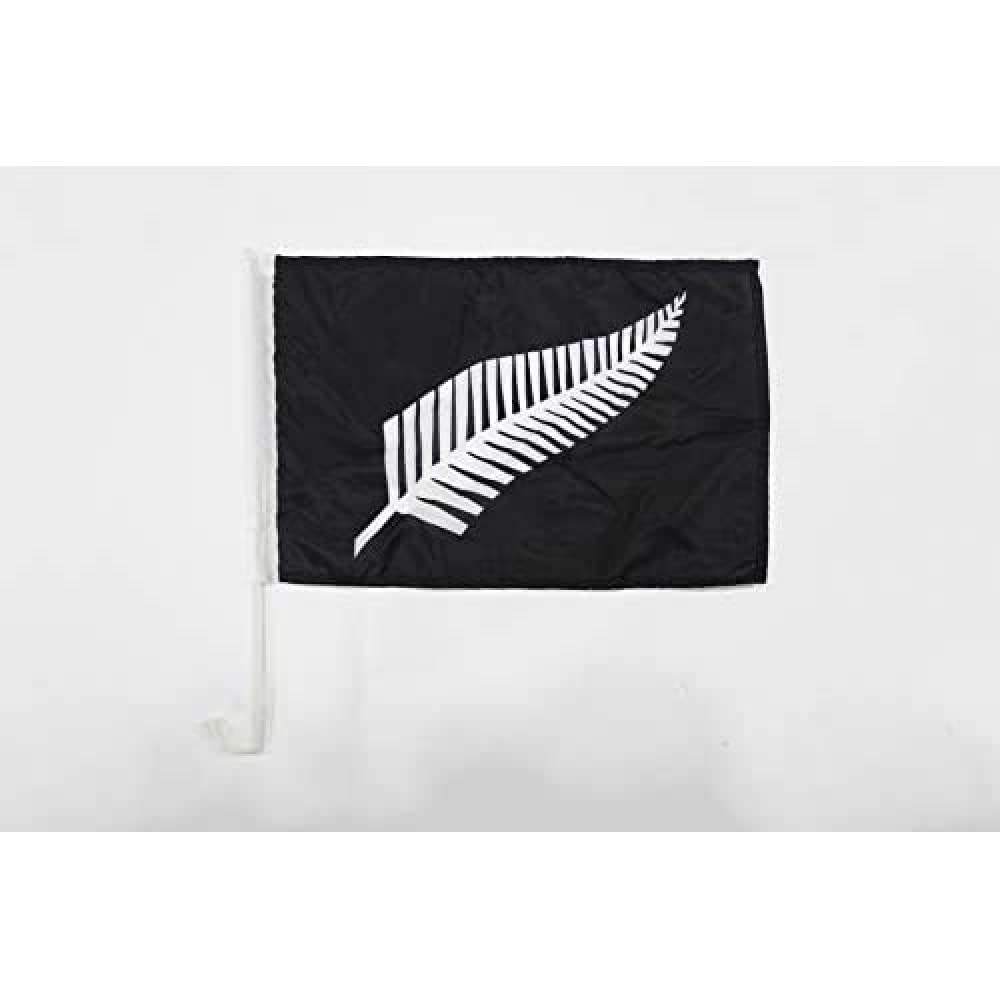 AZ FLAG New Zealand Fern Black with inscriptions Car Flag 18'' x 12'' - Rugby Car flags 30 x 45cm - Banner 18x12 INCHES PLASTIC STICK