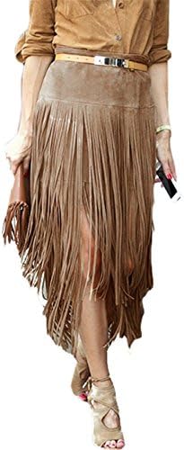 Women Faux Suede Tassel Fringe High Waist Tiered Layered Straight Skirt Camel L