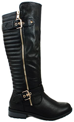 Mango-20 Black Dual Gold Decorative Zipper/Buckle Quilted Motorcycle Riding Knee High Boots-6.5