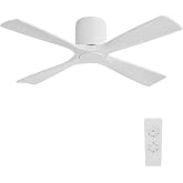 WINGBO 48" Wood Flush Mount Ceiling Fan without Light, White | Low Profile Modern Design,Remote Control, Quiet Reversible DC Motor, 4 Solid Wood Blades, 6-Speed, for Bedroom &amp; Living Room