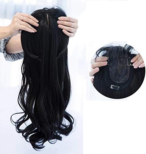 LEBIYOU Long 23.6 Inch Clip in Crown Topper for Women with 3D Bangs with Sides Bang Synthetic Hair Top Toupee Hairpiece for Hair Loss Thinning Hair (Wavy Style, Natural Black)