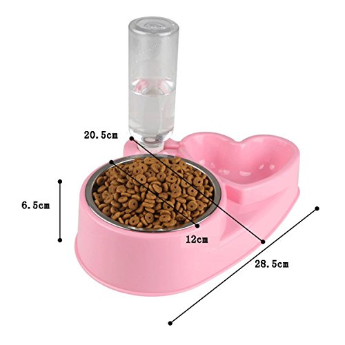 Popowbe Double Pet Bowls Stainless Steel Dog Bowl with No Spill Skidstop Silicone Mat Dog Cat Food Water Feeder with Automatic Water Bottle Pink-160g