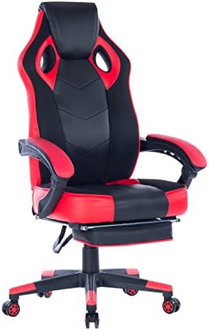 Killbee Large Reclining Gaming Chair with Footrest High-Back Executive Office Swivel Chair Mesh Leather Bucket Seat with Adjustable PU Padding Armrest Computer Chair (Red)