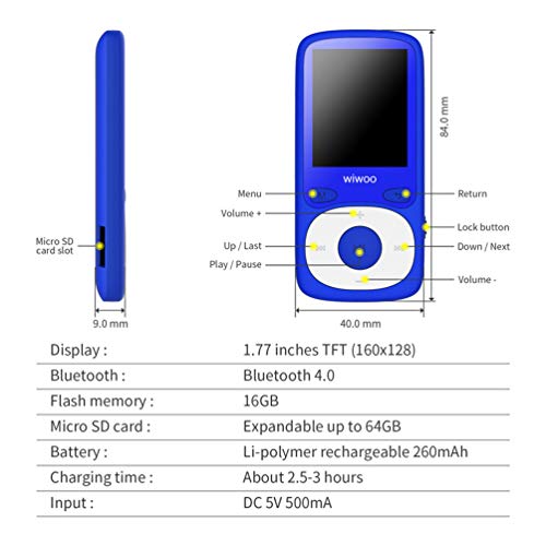 MP3 Player with Bluetooth, 16GB Portable Audio Music Player with FM Radio Voice Recorder Headphones, Sports MP3 Player Support Up to 128GB
