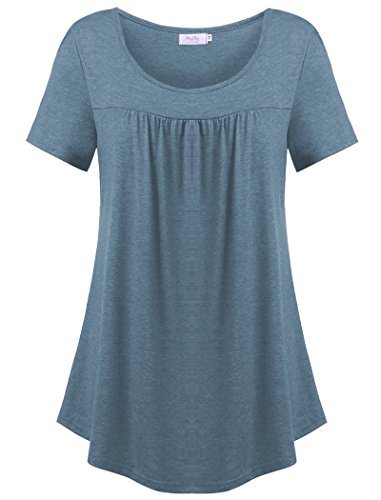 Halife Round Neck Flowy Tops for Women Short Sleeve Front Pleated Tunic Dark Blue XXL 2X