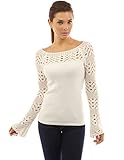 PattyBoutik Women's Boat Neck Crochet Inset Sweater (Off-White XL)