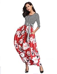 Vestido largo floral a rayas para mujer con bolsillos Cintura imperial Manga 3 4 Lazo Cintura Hasta el suelo Vestido largo