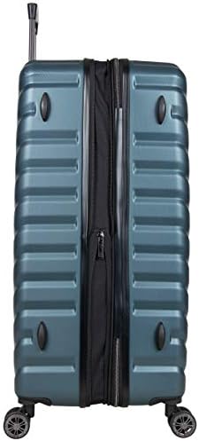 Black luggage with multiple pockets and compartments, including an interior divider.