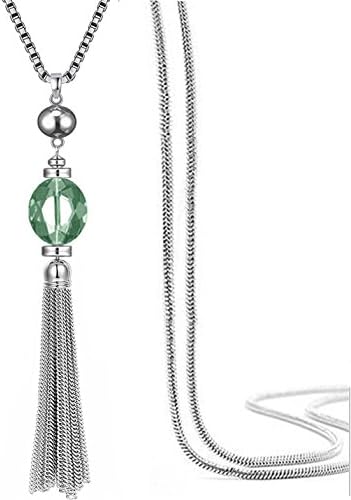 Tassels Long Sweater Chain Pendant Necklace Transparent Crystal Bohemian Style for Women,32+2"