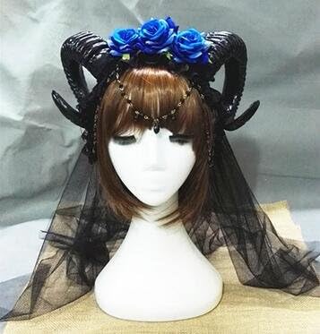Qhome Manual Aries Roses Flowers Lace Crystal Chain Sheep Horn Ear Hair Hoop Forest Animal Photography Exhibition Cosplay Headband Accessories