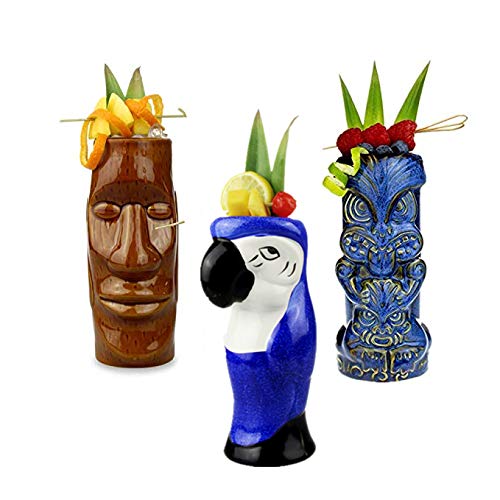 Tiki Mugs Cocktail Set of 3 - Tumblers Ceramic Hawaiian Luau Party Mugs Drinkware, Cute Exotic Cocktail Glasses, Tiki Bar Professional Hawaiian Party Barware, TKSET0003 (3PCS)
