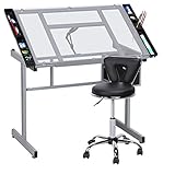 Yaheetech Drafting Drawing Craft Table Tempered Glass Top Art Artist Desk Craft Station Study Table with Adjustable Chair Salon Stool