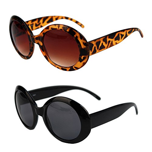Pop Fashionwear Womens Fashion Circle Round Jackie O Bold Chic Sunglasses P547 (2 Pc Black-Smoke Lens &Tortoise-Brown Lens)