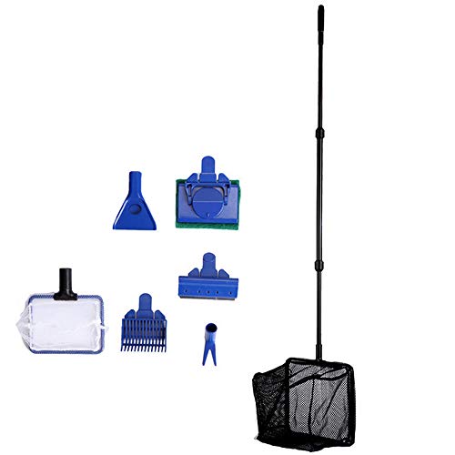 Jancoo Fish Tank Cleaner 6 in 1 Aquarium Cleaning Kit Algae Scraper, Fish Net, Gravel Rake, Glass Sponge Brush, Water Plant Fork, Water Skimmer Fish Tank Starter Kit All in One Fish Tank Accessories