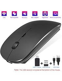 Akayoo - Ratón inalámbrico recargable de 2,4 G, silencioso, sin ruido, sin clic, con receptor USB tipo C, compatible con portátil, PC, ordenador portátil, MacBook (negro)