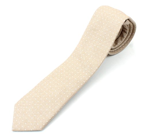 Men's Viscose Skinny Necktie Tie White Polka Dot Pattern Soft Texture - Tan