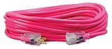 Southwire 2578SW000A 50-Foot 12/3 Neon All Purpose Extension Cord, Made in The USA, Water Resistant Vinyl Jacket, Heavy Duty Strain Relief, Extra Durable Plug, Reinforced Blades, Bright Pink