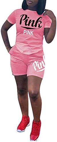 SCORP Women's 2 Piece Outfits Short Sleeve 'Pink' Printed T-Shirt Tops and Bodycon Shorts Tracksuit Set