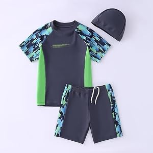 3-Piece Swimsuit Set, Short Sleeve Rash Guard Top and Shorts with Swim Cap, Camo Print, for Height 120-130cm, for Swimming an
