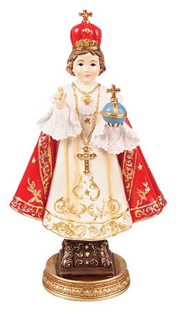 INFANT CHILD OF PRAGUE STATUE RESIN FIGURINE 12.7 cm (5") Jesus Catholic Church HAND PAINTED with 2cm Love Heart Token Brooch