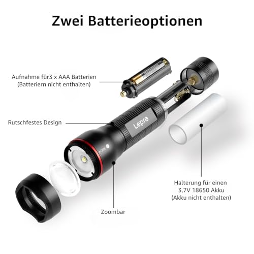 Lepro LED Torch, LE2000 Extremely Bright LED Torches with 5 Modes, Zoomable Camping Hand Lamp, Waterproof Torch for Camping, Outdoors, Hiking, Fishing, Gift (Pack of 2) | Extremely bright mini torches (no batteries included), waterproof torch light for outdoor, hiking, gift, emergency
