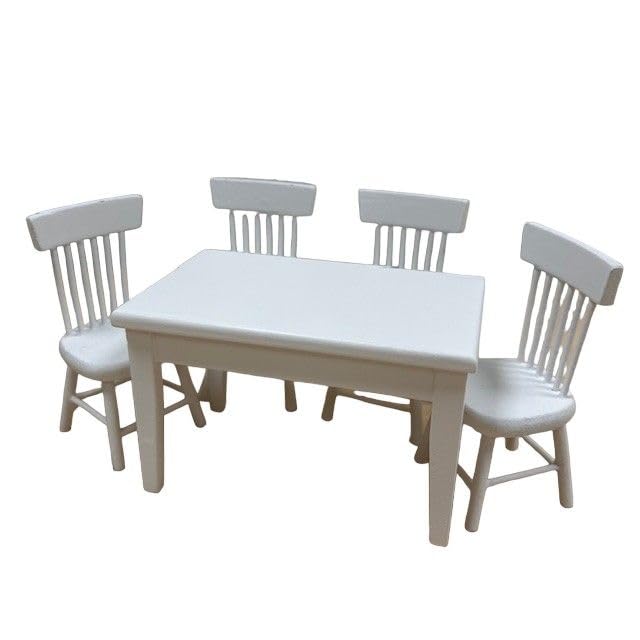 Dolls House Kitchen Table and Chairs Set, 1:12 Scale, White, Rectangular Table, 4 Chairs, Miniatures | Miniature World