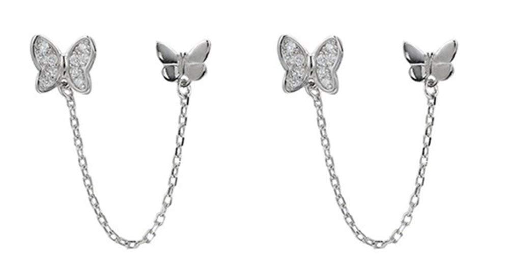 Cute Butterfly Climber Crawler Stud Earrings S925 Sterling Silver for Women Girls Delicate CZ Crystal Rhinestone Tassel Threader Chain Dangling Drop Cartilage Earring Double Holes Ear Jewelry Gifts