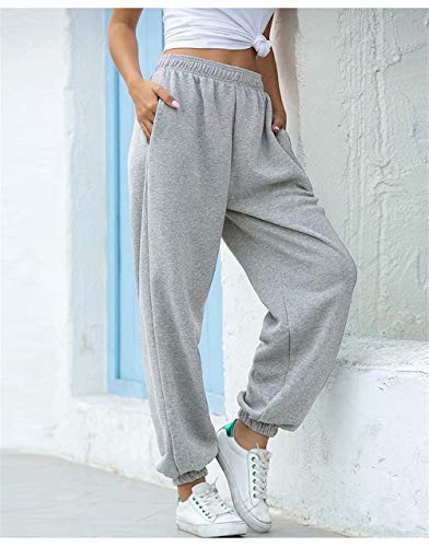 JIURI Womens Jogger Elastic Waist Sweatpants High Waist Active Athletic Yoga Running Sports Trousers with Pocket(GY,2XL)