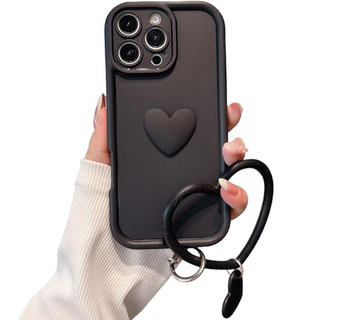 Pretaco Aesthetic 3D Heart Phone Case Compatible with iPhone 16 Pro, with Anti-Drop Wrist Strap - Full-Body Shockproof Protection, Raised Camera & Edge Guards-Black at Amazon