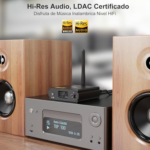 1Mii DS220 Receptor Bluetooth 5.3 con LDAC, Adaptador de Audio Hi-Res, DAC Audiófilo, aptX HD/Baja Latencia, 10m Largo Alcance, con Salida Óptica/RCA, Entrada USB, Modo EQ Pantalla OLED para Estéreo