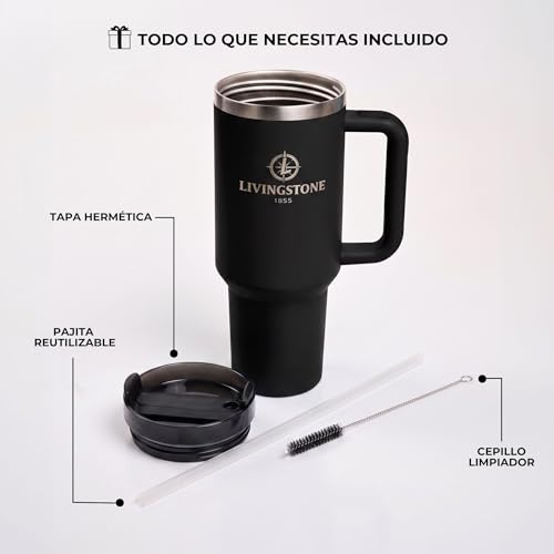 Livingstone1855 Vaso térmico 1.2L, Mantiene 24h Frío / 12h Calor, Termo Acero Inoxidable 304 con Asa y Pajita, Antifugas, Taza térmica grande Reutilizable, Sin BPA, Ideal Gimnasio, Oficina y Viaje