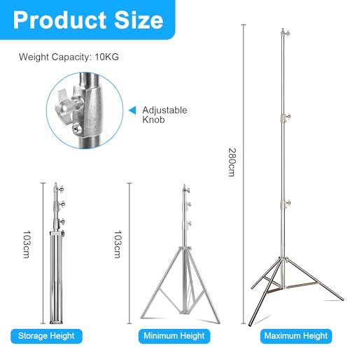 Gluckluz Stainless Steel Light Stand 280cm Heavy Duty Photo Studio Light Stand Height Adjustable Lighting Tripod Holder with 1/4" to 3/8" Universal Adapter for Home Photography Studio Softbox (Silver)